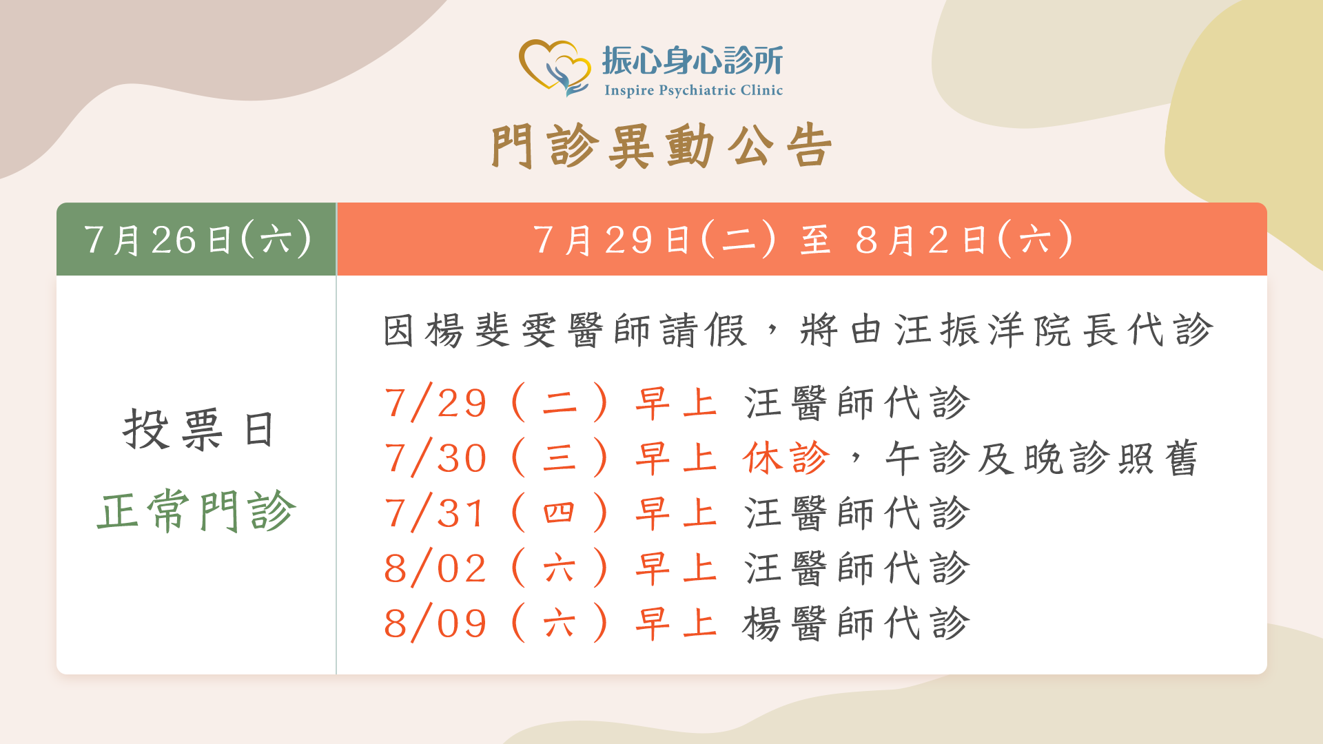 2025年七月及八月門診異動公告：7/26（六）投票日，早診照常看診；7/29(二) ~ 8/2(六)因楊斐雯醫師請假，將由汪振洋院長代診